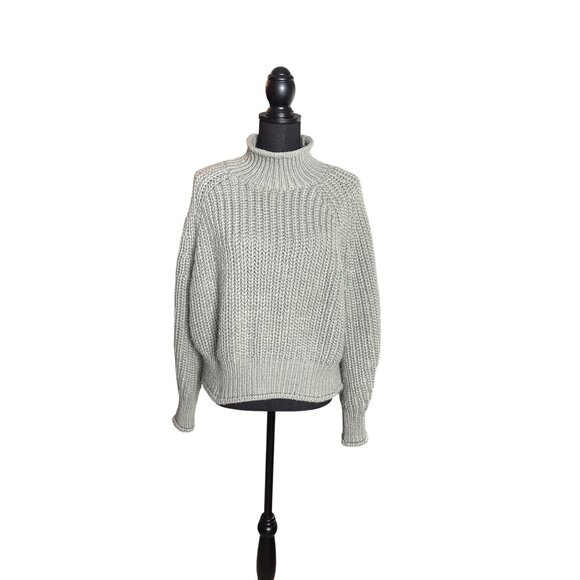 H&M Women's Sage Green Chunky Knit High Neck Cropped Sweater XL - Picture 1 of 10